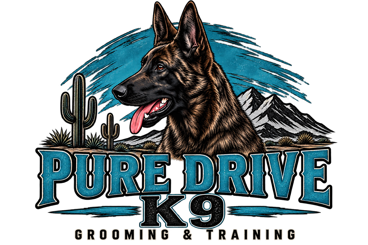 Pure Drive K9 logo with German Shepherd, cactus, and mountain scene